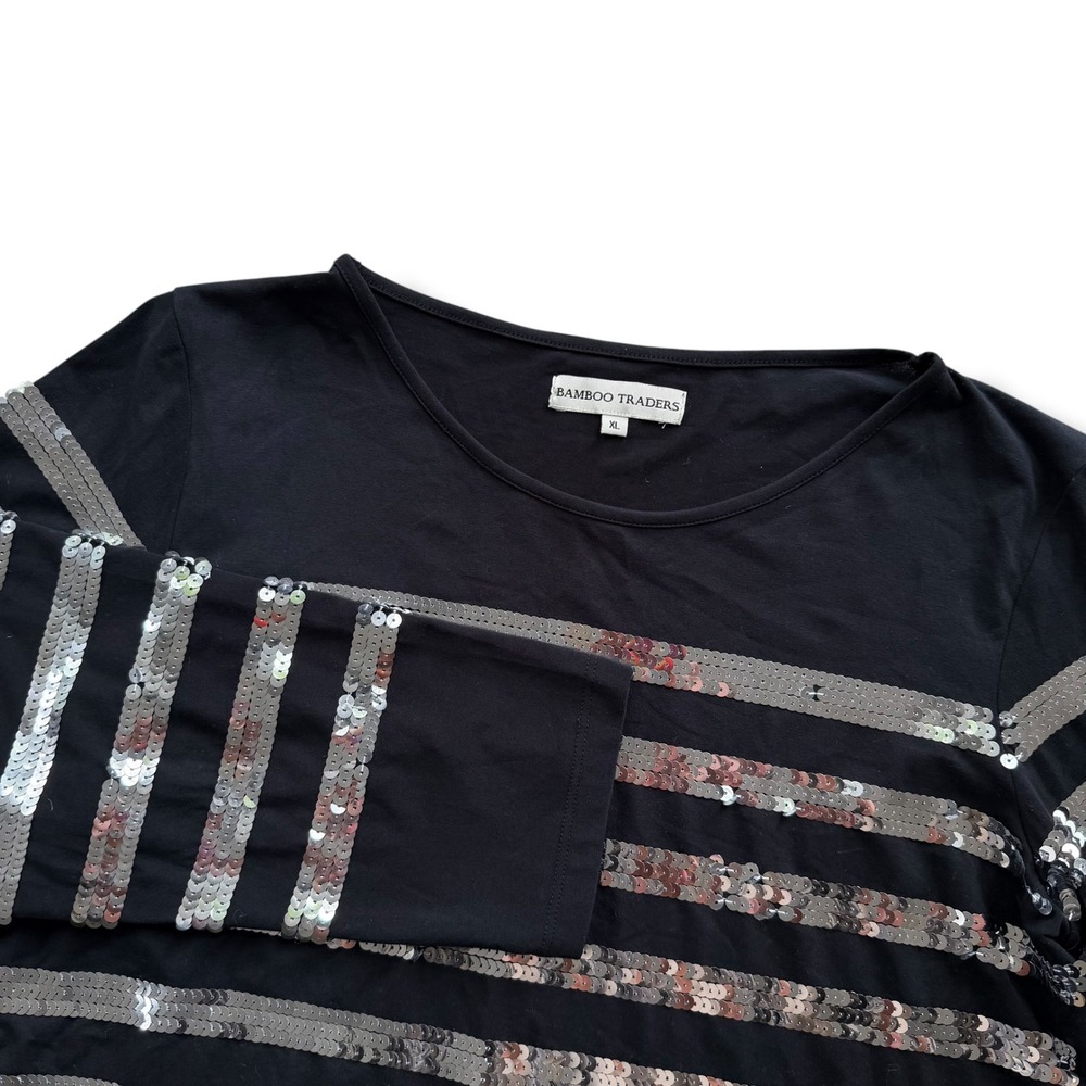 Bamboo Traders Women XL Black Silver Sequin Striped 3/4 Sleeve Blouse Maximalism